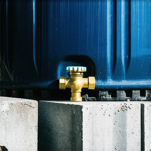 Plavo plastično bure pretvoreno u rezervoar za kišnicu u bašti sa mesinganom slavinom