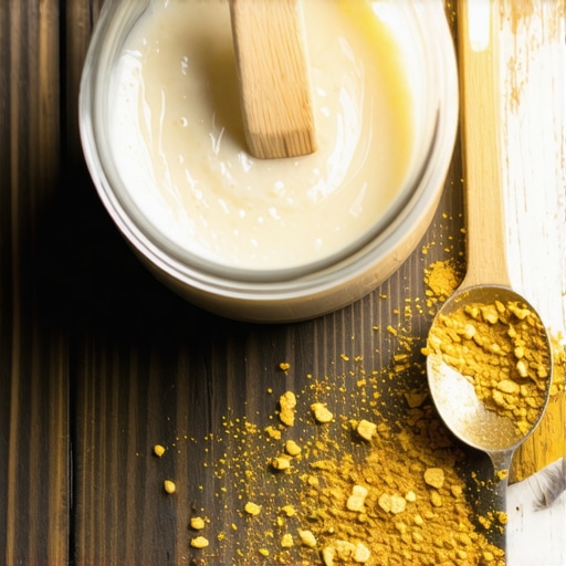 Mixing gold mica powder into white body lotion on a wooden workbench