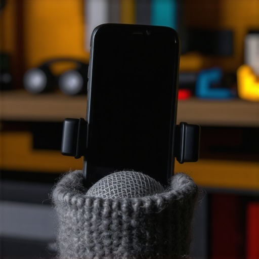 Close-up of a smartphone on a stabilizer with a sock used as a professional microphone wind protector for home documentary filmmaking.