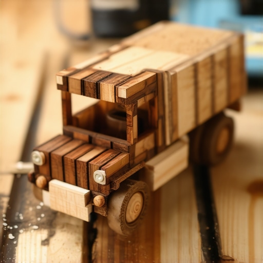 DIY Wooden Truck from Laminate Scraps Handmade wooden toy truck built from recycled laminate flooring scraps on a workshop table.