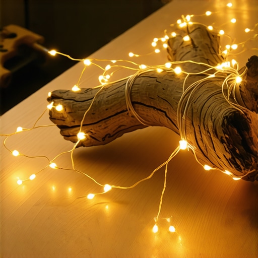 Aranžman od suve grane na drvenom stolu sa diskretnim osvetljenjem