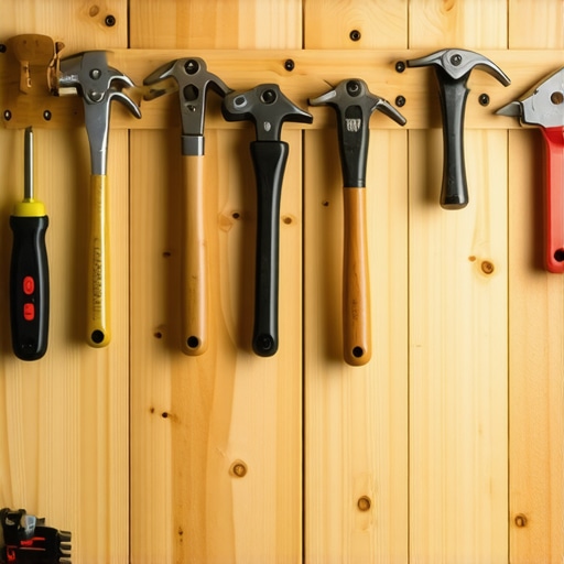 Zidni sistem za odlaganje alata napravljen od drvenih letvica u radionici