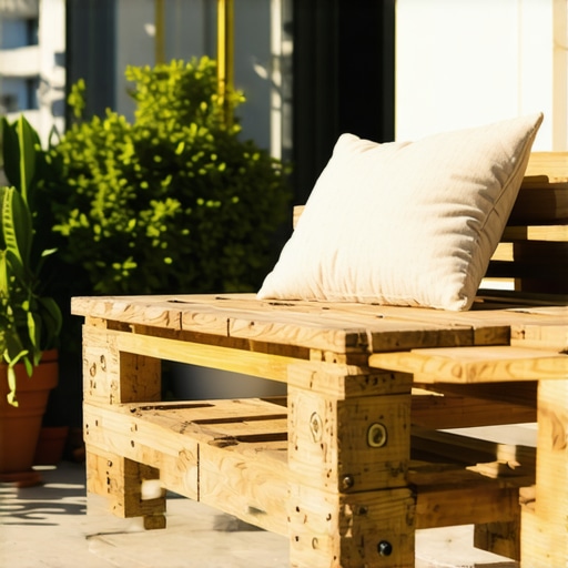 Detaljan prikaz ručno rađene klupe od drvenih paleta na terasi