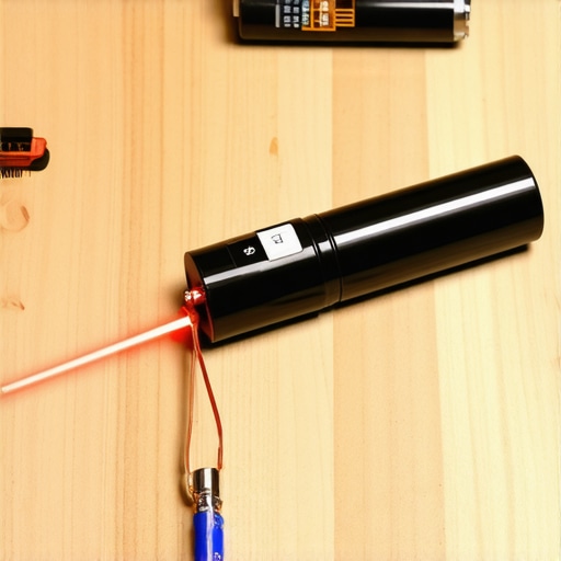 Detaljan prikaz laserskog alarma napravljenog od starih elektronskih delova na drvenom stolu.