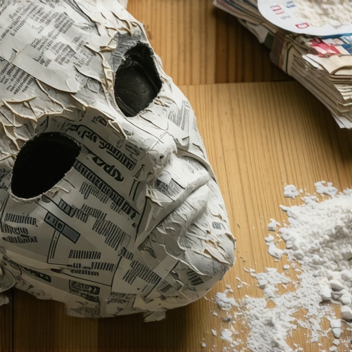 Detaljan prikaz izrade maske od novina i lepka od brašna na drvenom stolu
