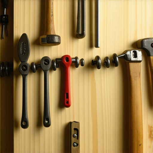 Ručno rađeni drveni organizator za alat na zidu garaže sa okačenim ključevima i čekićima