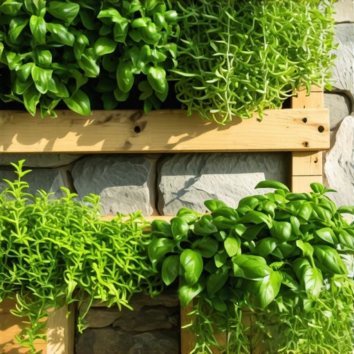 Vertikalna polica napravljena od starih drvenih paleta sa zasađenim začinskim biljem na kamenom zidu.