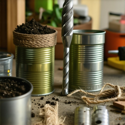 Proces izrade saksija od starih metalnih konzervi na radnom stolu