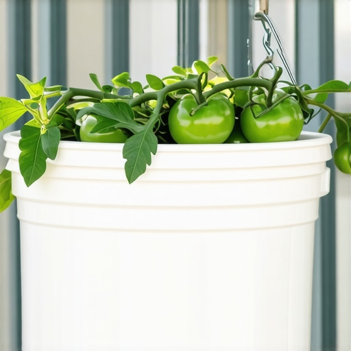 Paradajz koji raste naopačke iz plastične kante na malom balkonu