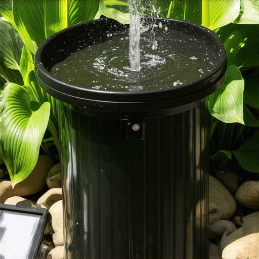 Solarna fontana napravljena od stare kante u bašti sa kamenjem