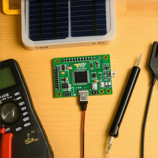 Ručno pravljen solarni punjač za telefon sa vidljivim elektronskim komponentama na radnom stolu