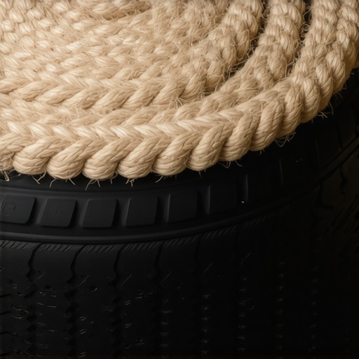 Završen tabure od reciklirane gume obložen prirodnim kanapom u radionici