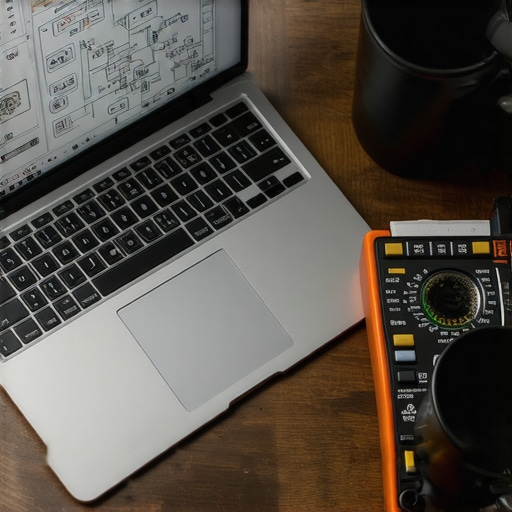 Digitalna radionica: Izrada sistema za online testiranje Laptop sa logičkim dijagramima na drvenom stolu u radionici