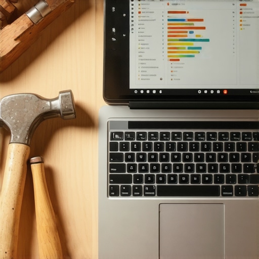 Laptop i stolarski alat na radnom stolu kao simbol digitalnog zanatstva