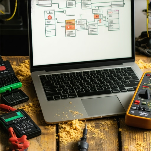 Laptop sa logičkom šemom kviza na drvenom stolu u radionici