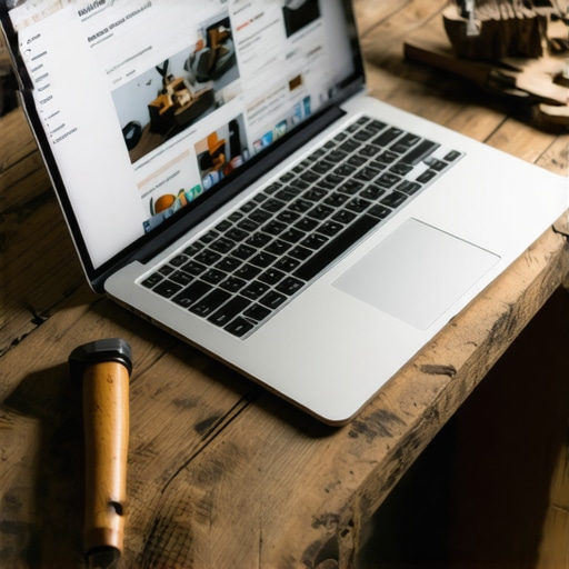 Digitalni portfolio na majstorskom stolu Laptop sa portfoliom pored drvenog alata na radnom stolu