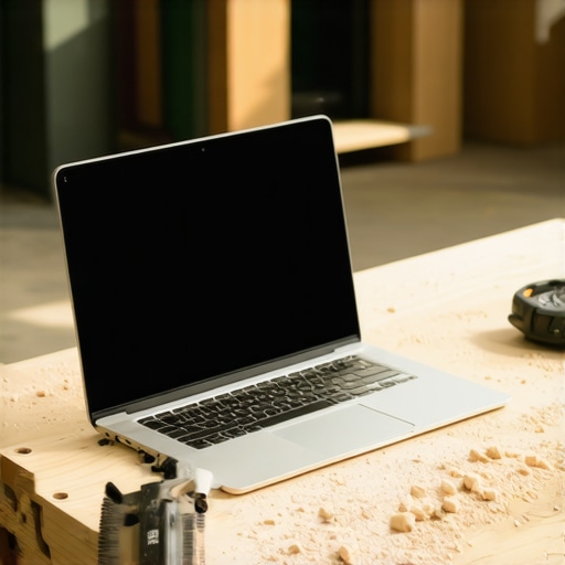 Laptop sa online portfoliom na drvenom radnom stolu sa alatima