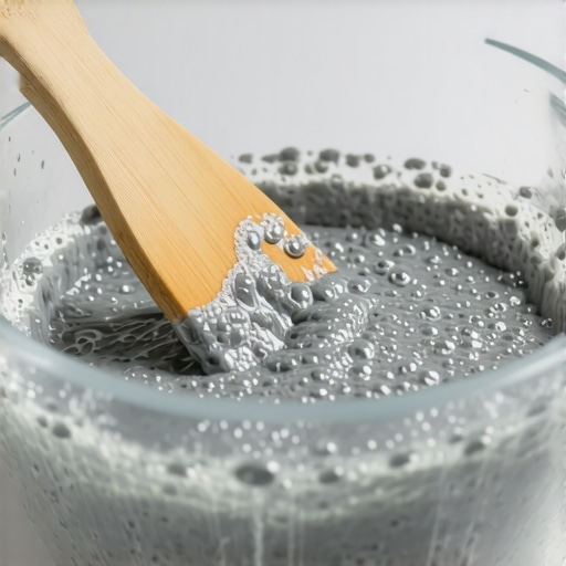 Gusta siva glina u staklenoj posudi sa drvenom špatulom