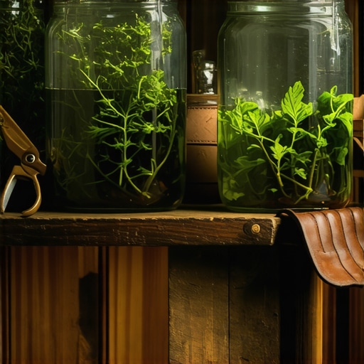 Staklene tegle sa korenom koprive i alkoholom na drvenom stolu