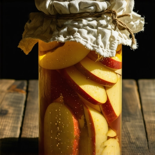 Staklena tegla sa jabukama i vodom za pravljenje sirćeta na drvenom stolu