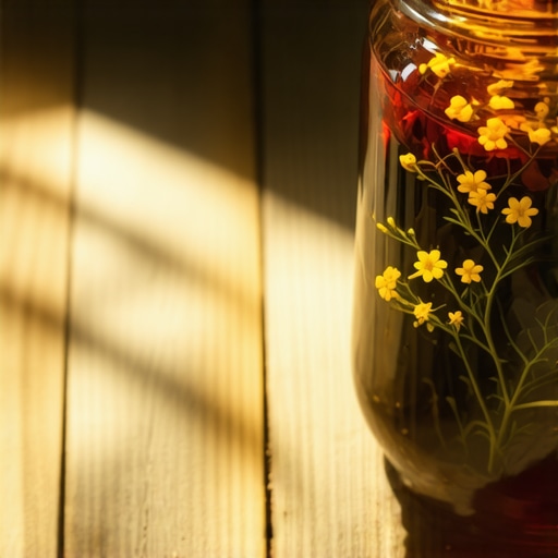 Staklena tegla sa crvenim kantarionovim uljem na drvenom stolu