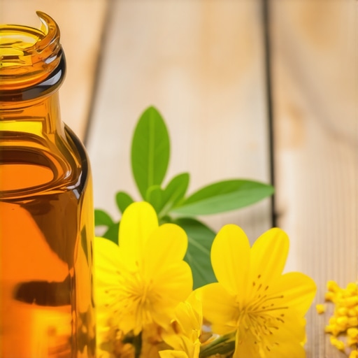 Domaće kantarionovo ulje u tamnoj boci Tamnocrveno ulje od kantariona za lečenje opekotina