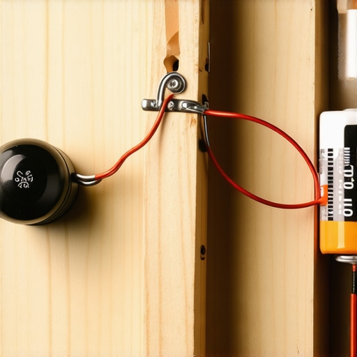 Detaljan prikaz ručno pravljenog alarma za vrata od drvene štipaljke i žica.