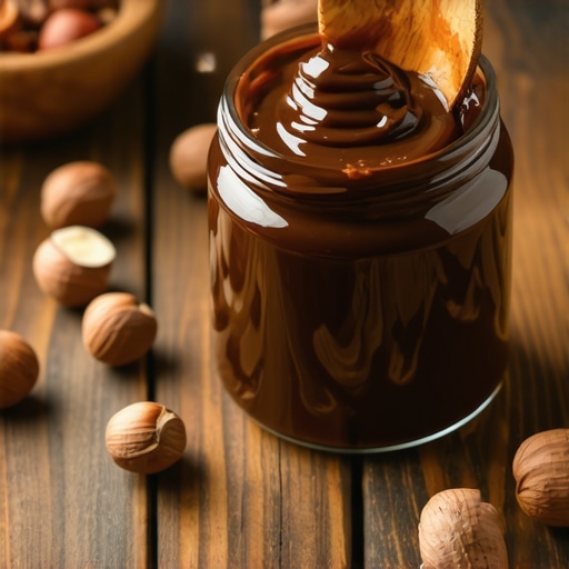 Tekstura domaćeg čokoladnog namaza od lešnika u staklenoj tegli