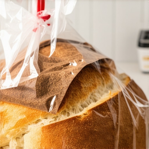 Zlatno žuti domaći hleb sa hrskavom koricom ispečen u providnoj kesi za pečenje u rustičnom ambijentu.