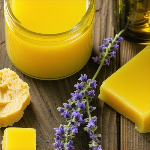 Domaći melem za akne od čajevca i pčelinjeg voska na drvenom stolu