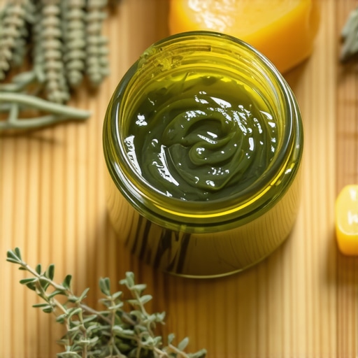 Gusti zeleni melem od žalfije i pčelinjeg voska u staklenoj teglici na drvenom stolu