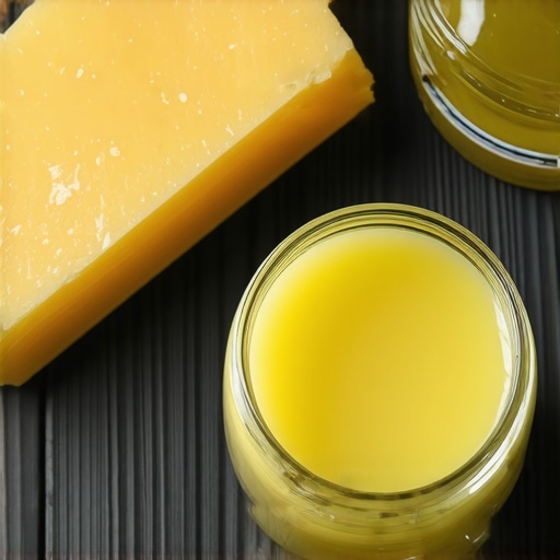 Staklena teglica sa domaćim melemom od kokosovog ulja i pčelinjeg voska na drvenom stolu