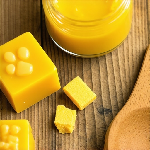 Teglica domaćeg žutog melema za pse na drvenom stolu sa pčelinjim voskom