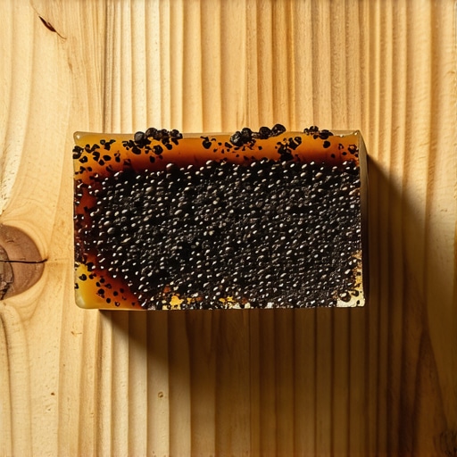 Ručno rađen sapun sa talogom kafe na drvenoj podlozi