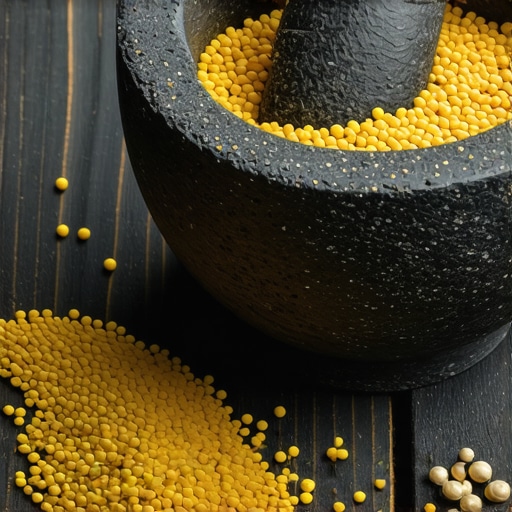 Mlevenje semena slačice u kamenom avanu na drvenom stolu