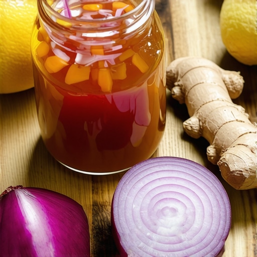 Staklena tegla sa ružičastim sirupom od luka i meda na drvenom stolu