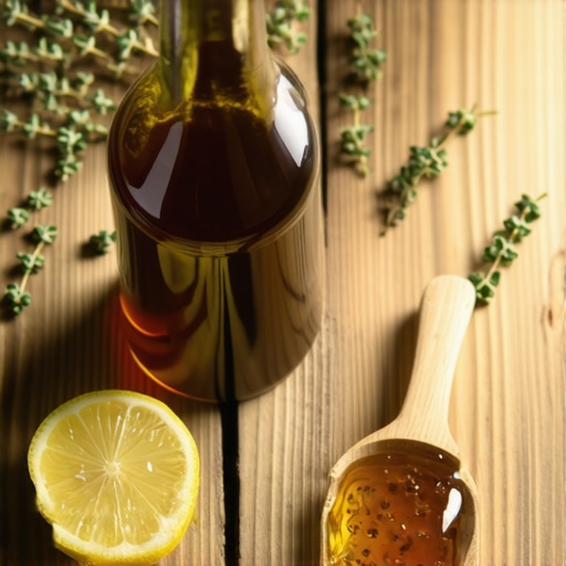 Domaći sirup od majčine dušice protiv kašlja na drvenom stolu sa svežim biljem