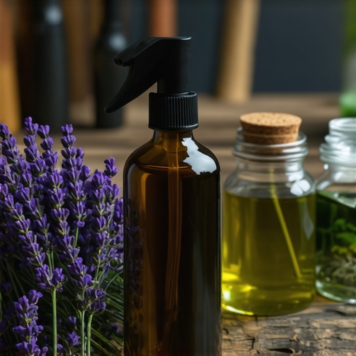 Braon staklena bočica sa sprejom od lavande na drvenom stolu sa svežim biljkama
