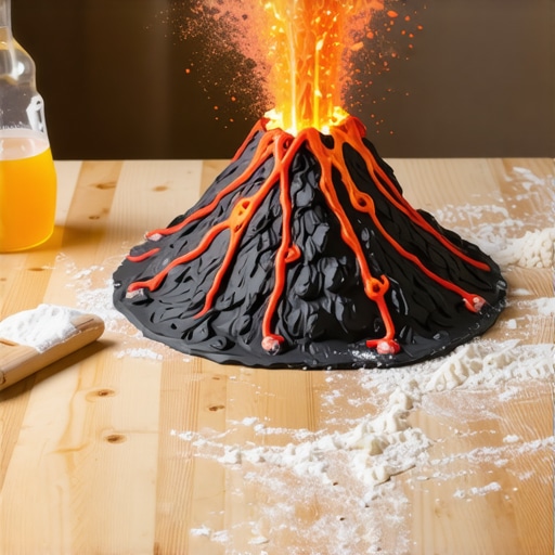 Model vulkana od papira i kartona sa crvenom penom koja izlazi iz vrha