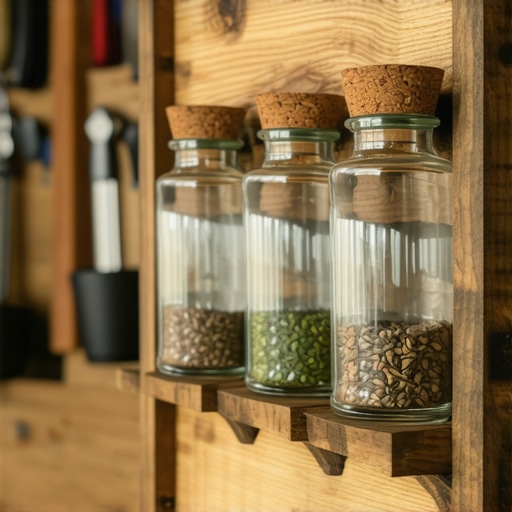 Drveni stalak za začine od ostataka dasaka Ručno rađen drveni stalak za začine od hrastovog drveta u kuhinji