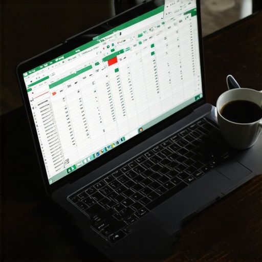 Prikaz Excel tabele za kućni budžet sa formulama i formatiranim ćelijama na drvenom stolu.