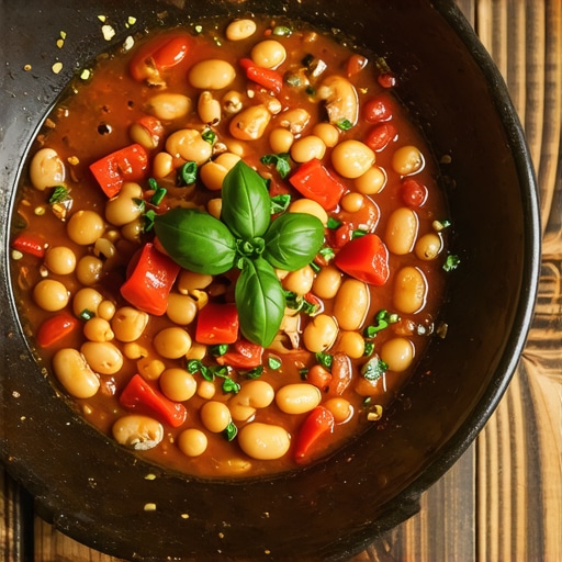 Čorbast posni pasulj sa začinima u tamnoj činiji