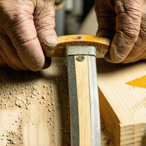 Stare ruke majstora obrađuju drveni mač turpijom u radionici