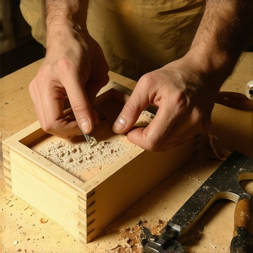 Ručna izrada drvene kutije na stolarskom stolu sa alatom