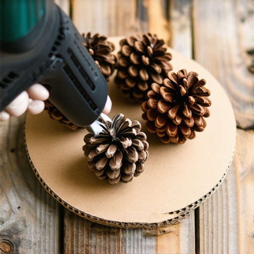 Ručni rad venac od šišarki na drvenom stolu