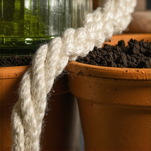 Kapilarno zalivanje pamučnim kanapom u praksi Pamučni kanap prenosi vodu iz tegle u saksiju za automatsko zalivanje