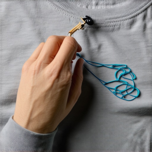 Detaljan prikaz vezenja na staroj pamučnoj majici pomoću drvenog obruča