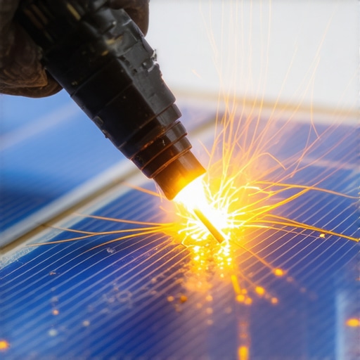 Lemljenje solarnih ćelija u domaćoj radionici Čovek lemi bakarne trake na plavu solarnu ćeliju za DIY solarni panel