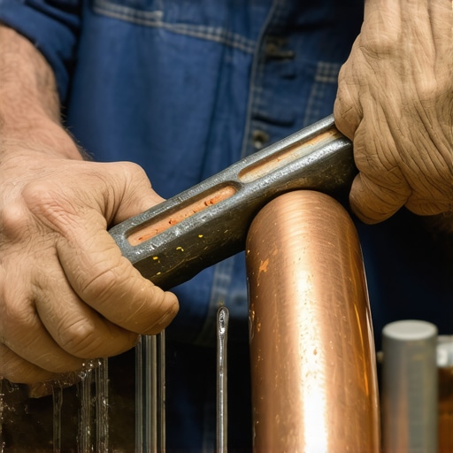 Detail of repair process on copper pipe with wrench