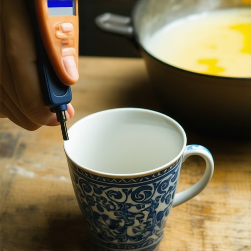 Merenje temperature keramičke šoljice pre sipanja voska Infracrveni termometar usmeren na staru keramičku šolju na drvenom stolu